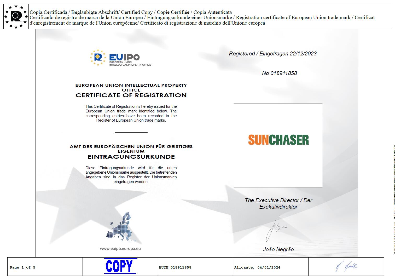 GRUPO TIANTECH SOLAR registrou com sucesso a marca registrada SUNCHASER na Europa.